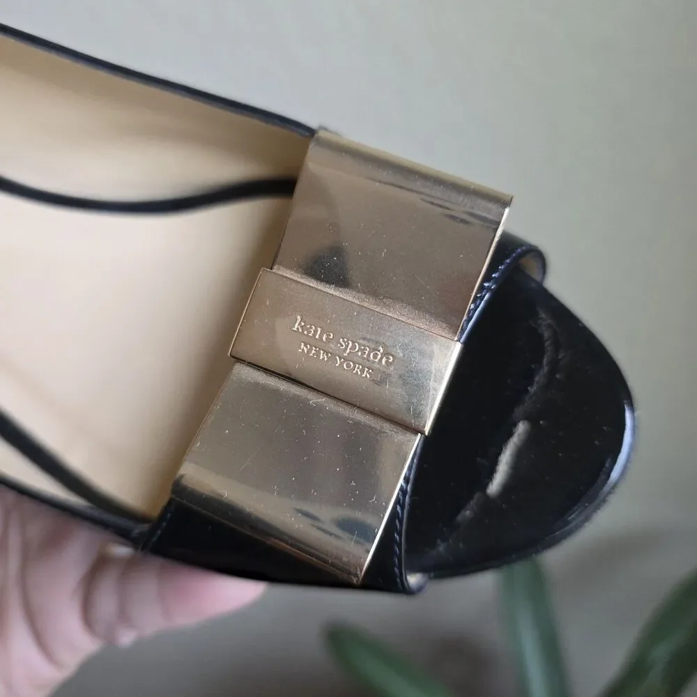 kate spade Black Patent Leather Peep-Toe Wedge Heels with Bow